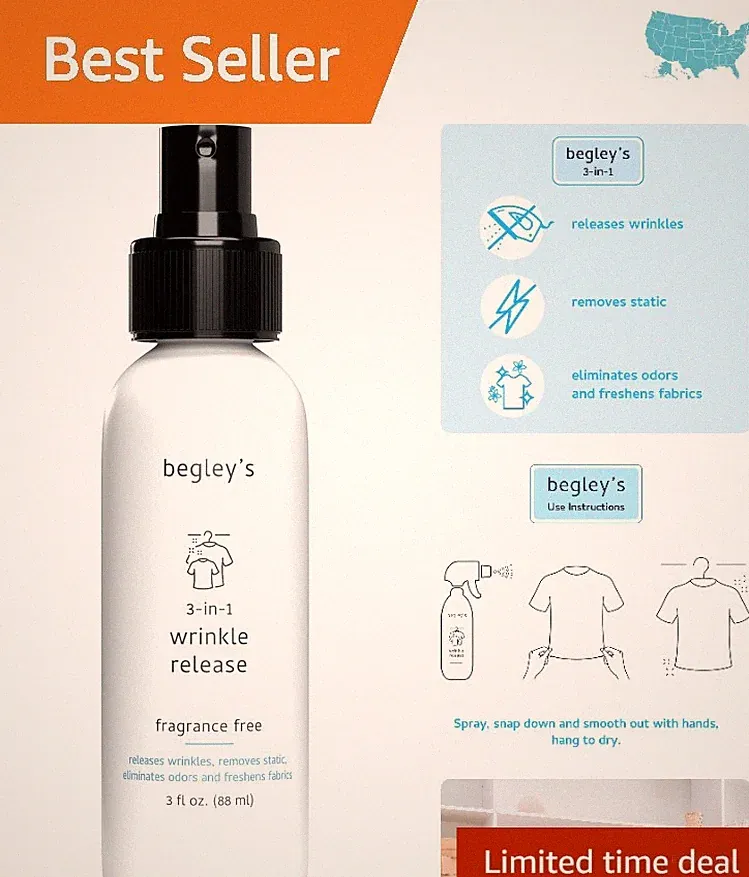 Plant-Based No-Iron Fabric Spray - 3 oz Travel Size for Wrinkle-Free Clothes